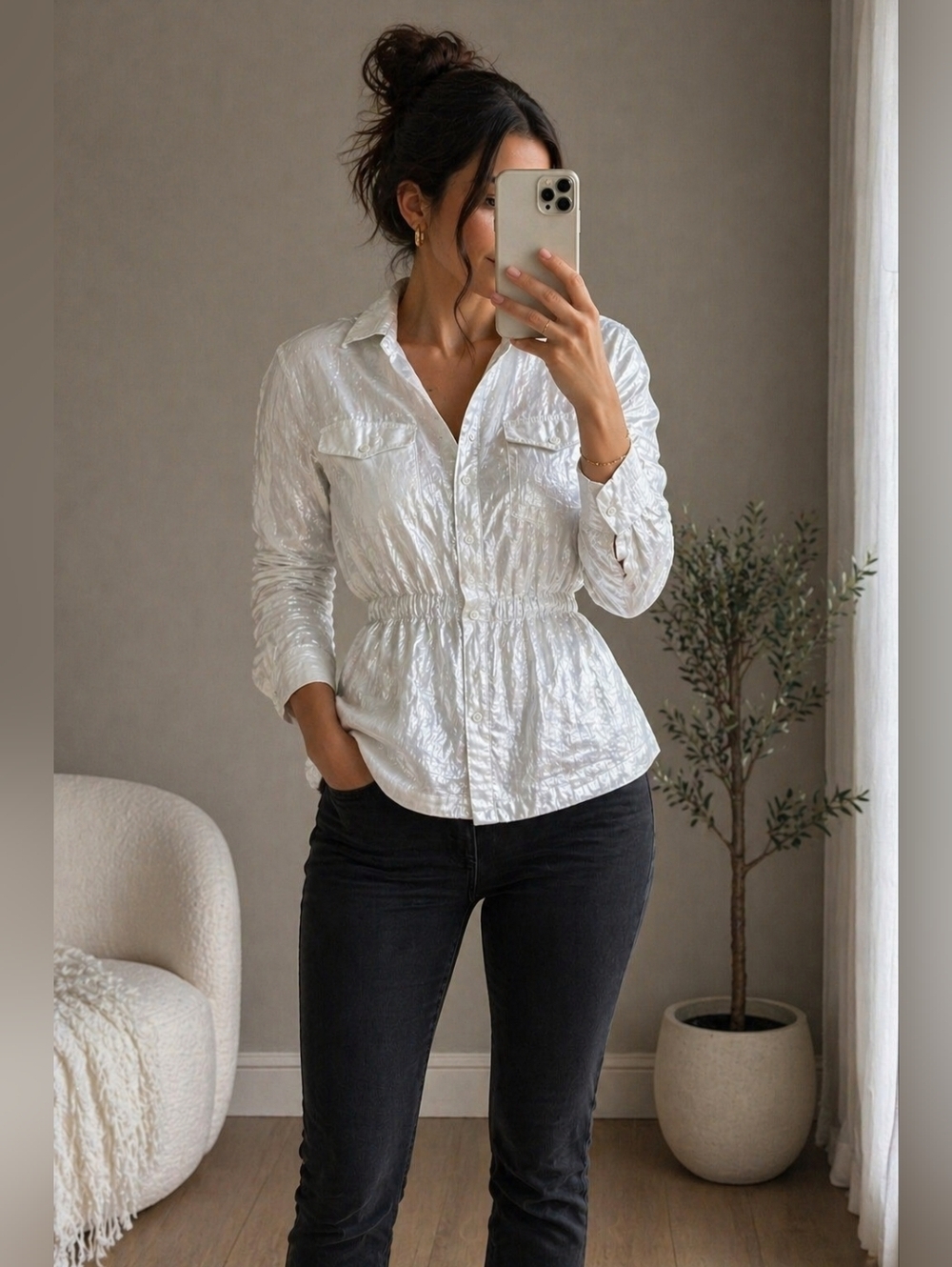 Lands’ End Metallic Linen Button Shirt White Silver Sheen 14